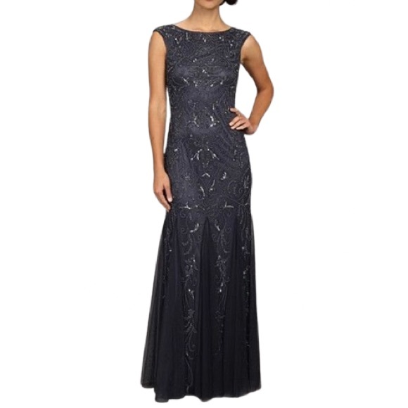 adrianna papell bead long dress with godets Hand Beaded Short Sleeve Floral Godet Gown In Frosted Sage main image 0